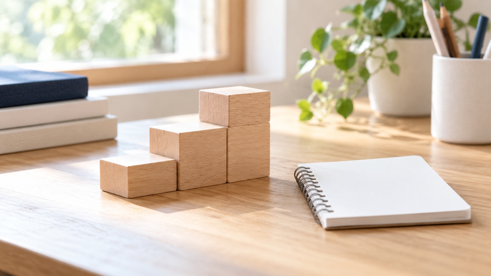 階段状に並べた木製ブロックと白紙のノート