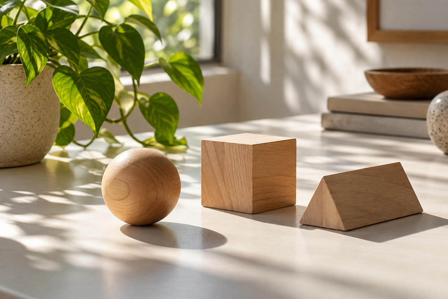 木製の球と立方体と三角柱（生成イメージ）