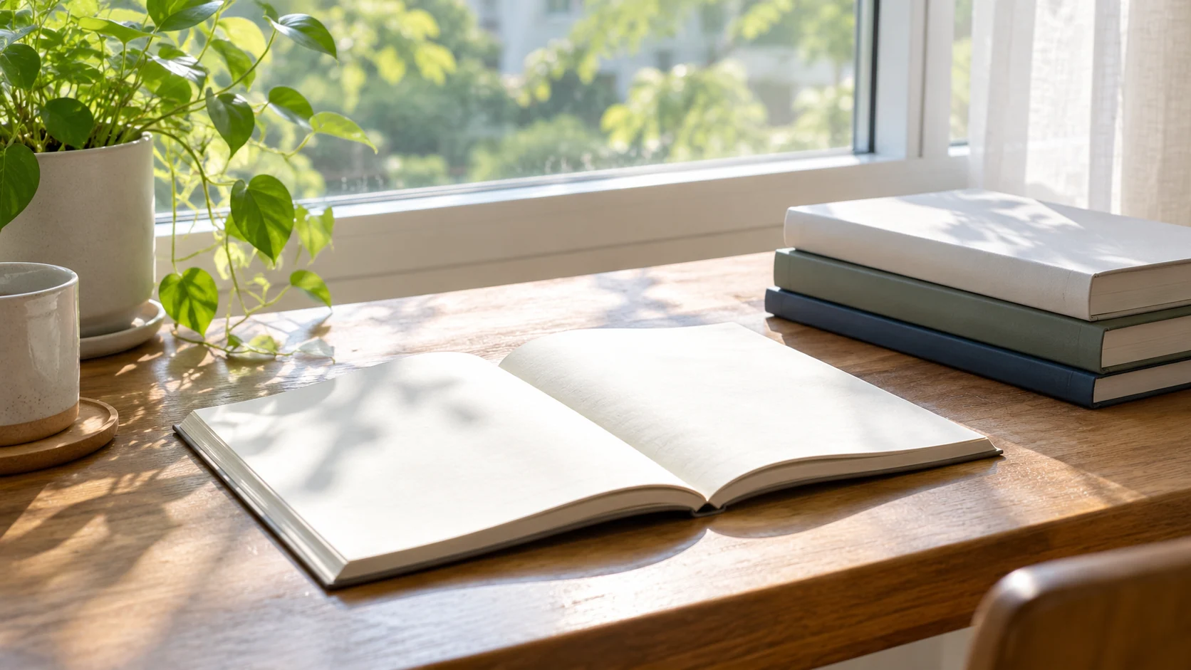無地の書籍と開いた白紙ノート（生成イメージ）