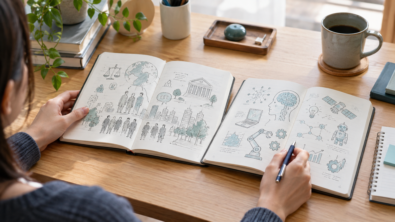 社会と技術のノートを比較して学部を考える手元(生成イメージ)