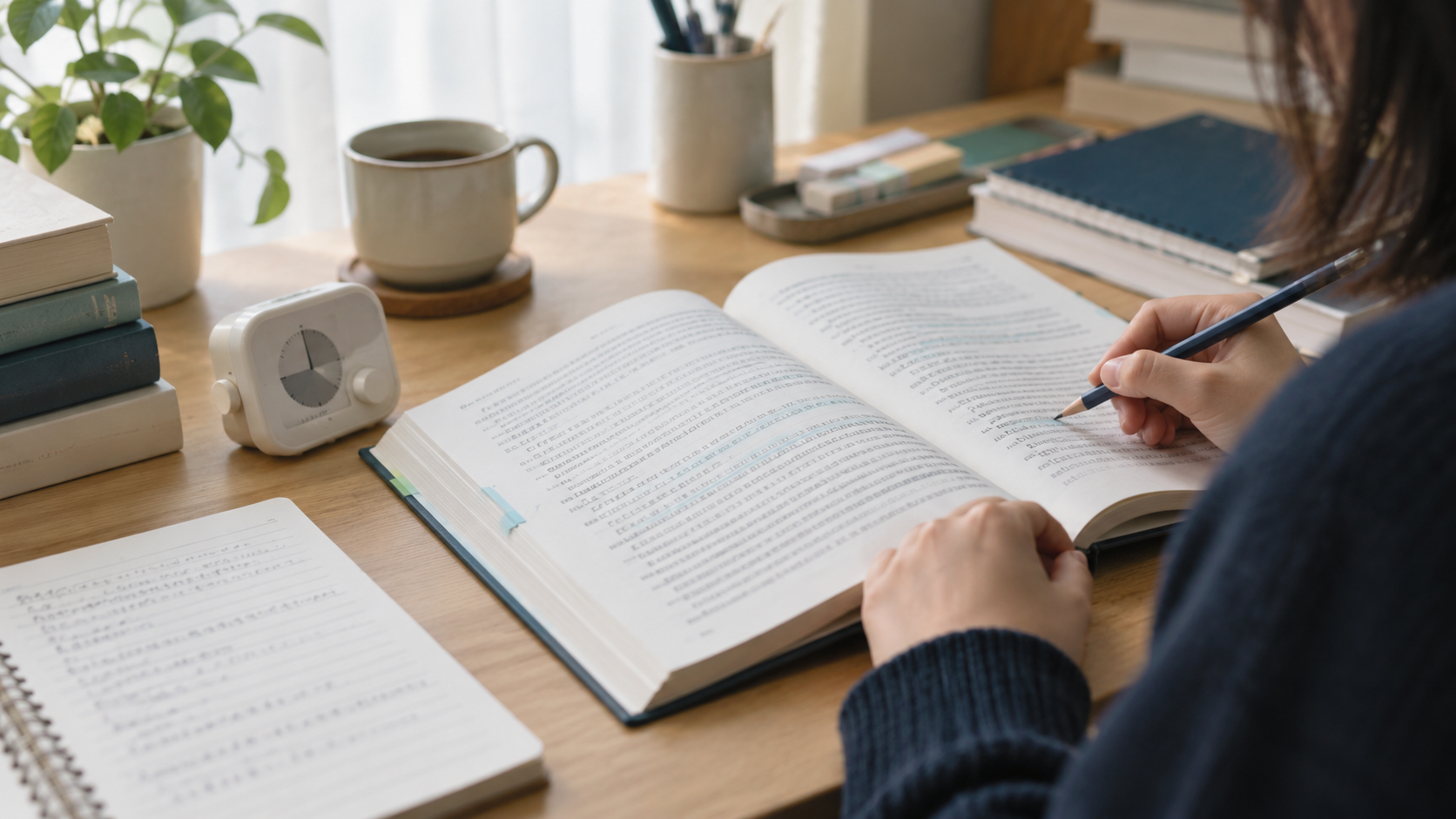 長文読解の本とタイマーを置いた英語の学習机(生成イメージ)