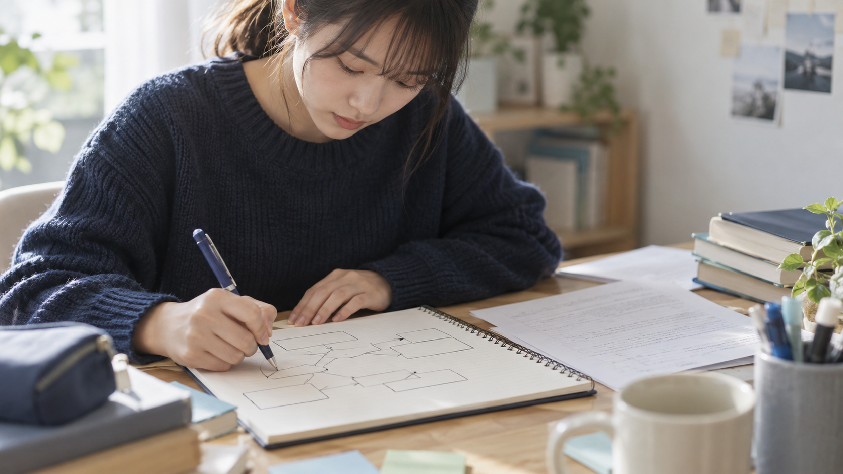 小論文の論点と構成をノートに整理する手元(生成イメージ)