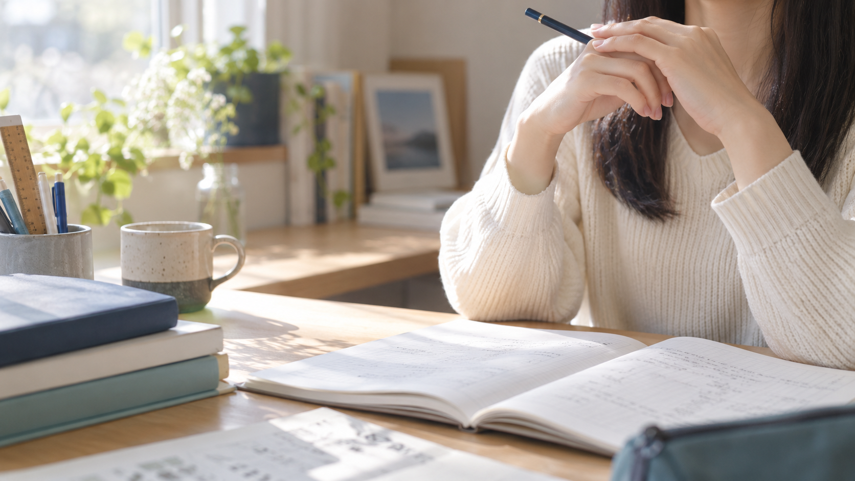 勉強の途中でノートを開いて考えを整理する手元(生成イメージ)