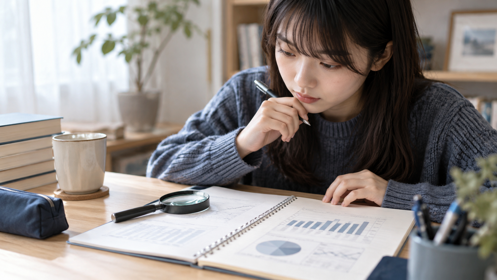 虫眼鏡とグラフを使って倍率の見方を考える机(生成イメージ)