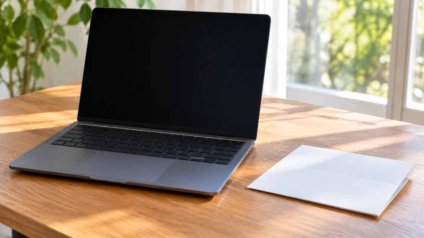 無地画面のノートPCと白紙を置いた学習机(生成イメージ)