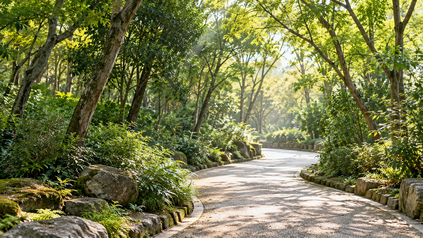 木々の間を奥へ進む無人の道