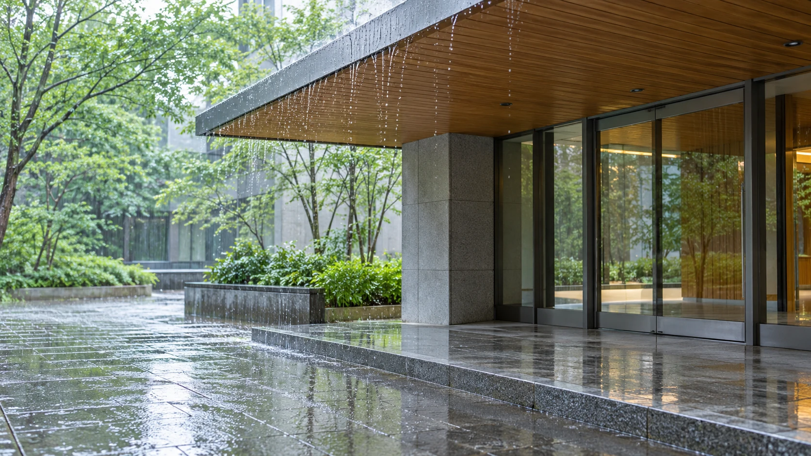 雨にぬれた地面と無人の建物の入口