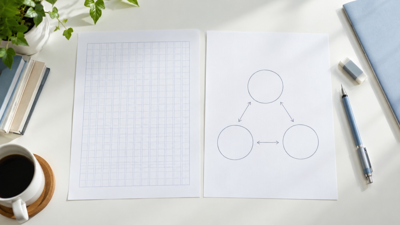 文章を書くマス目の用紙と、関係図を描く用紙を並べた学習机(生成イメージ)