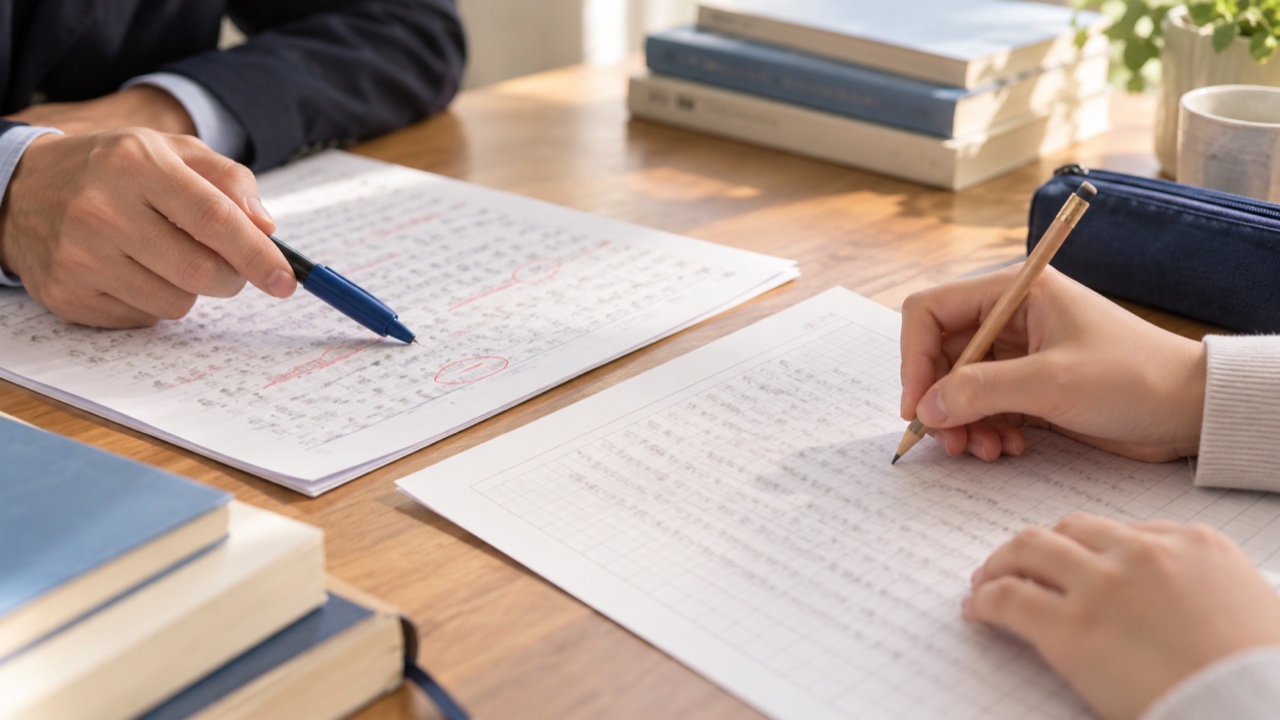 添削された答案と書き直し用の用紙を見比べ、改善点を確認する手元(生成イメージ)
