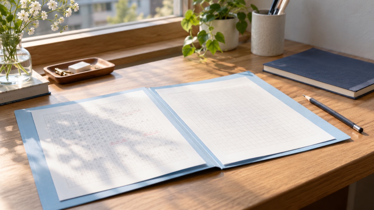 答案と書き直した用紙をそろえ、次の学習へ進む準備をした机(生成イメージ)