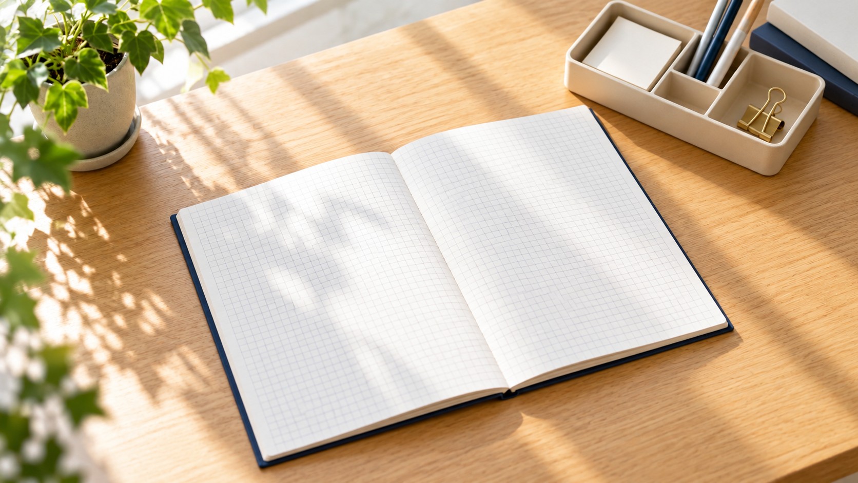 未記入の方眼ノートと書類整理トレー(生成イメージ)