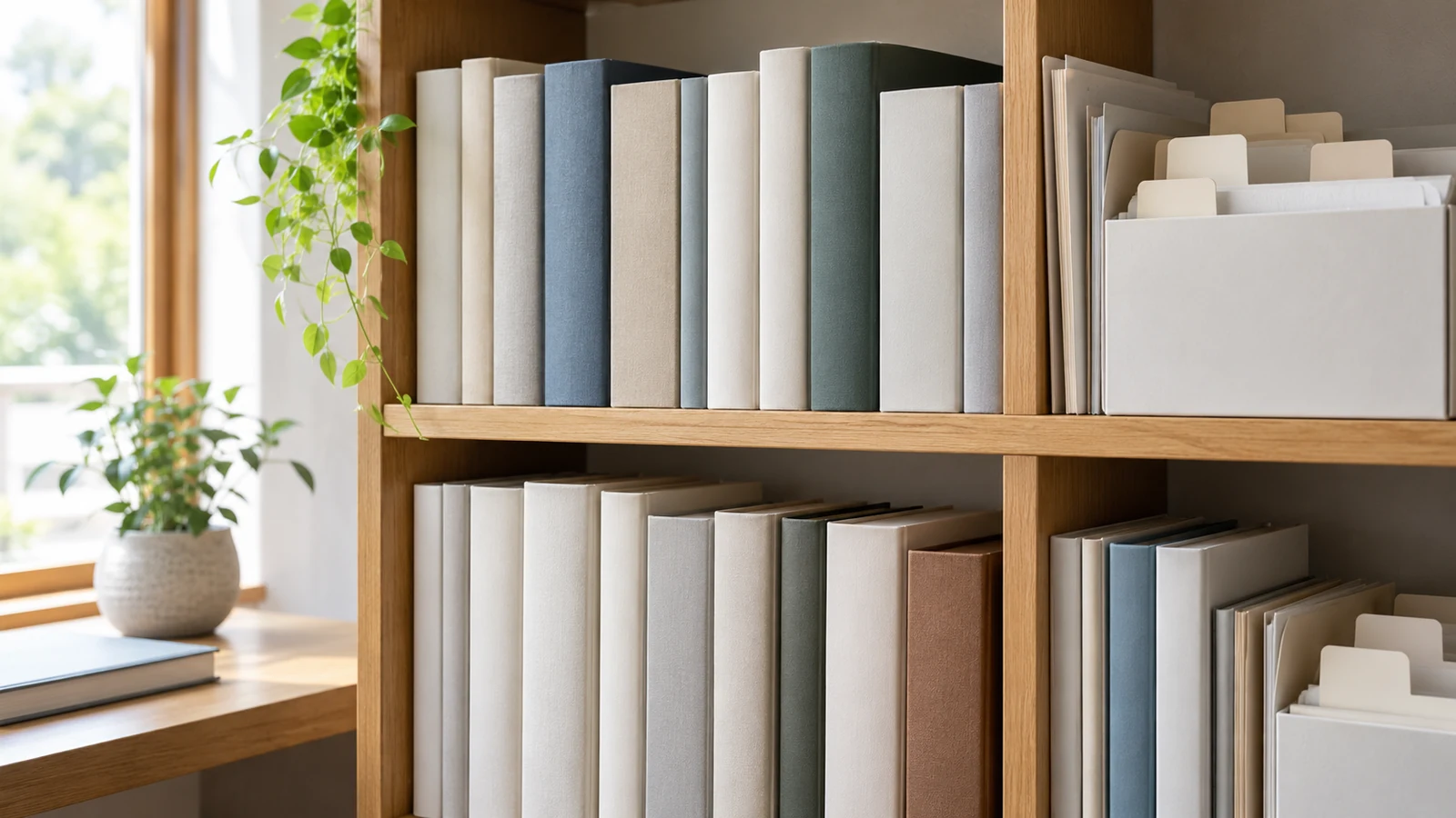 無地の本と分類用タブを並べた書架