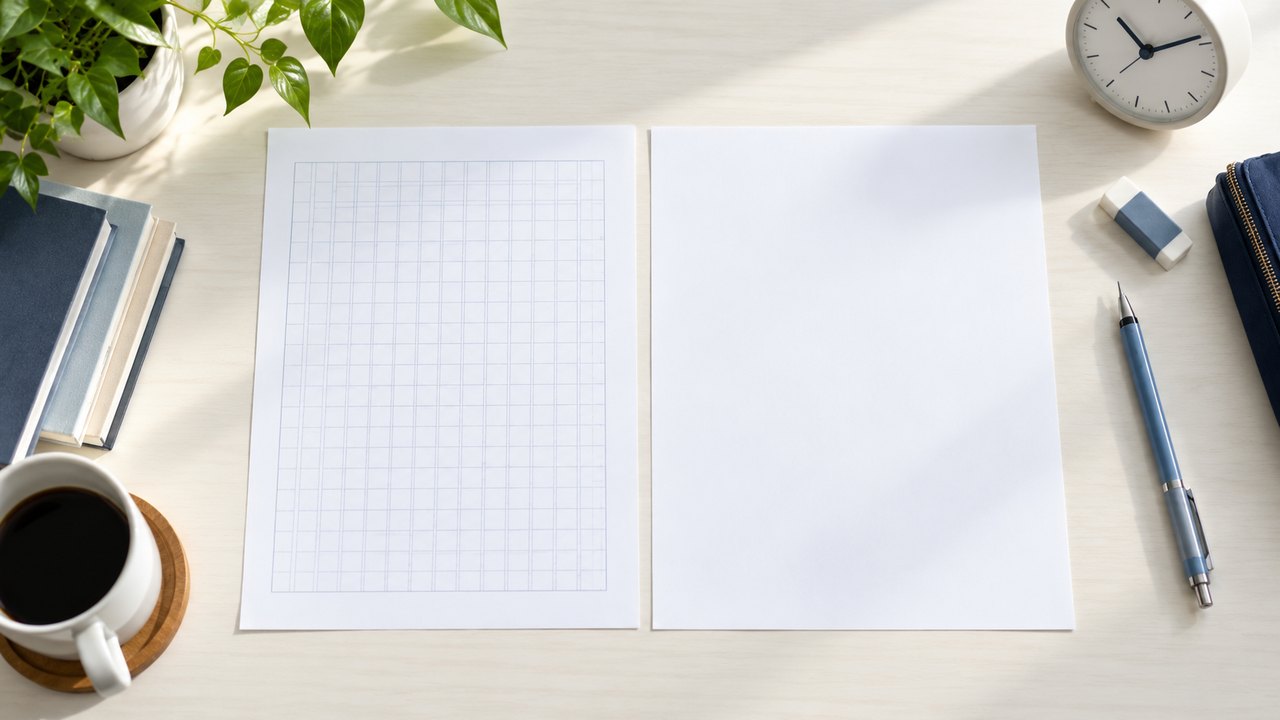 時計と文章用紙・図示用紙を並べ、試験の作業量を確認する学習風景(生成イメージ)