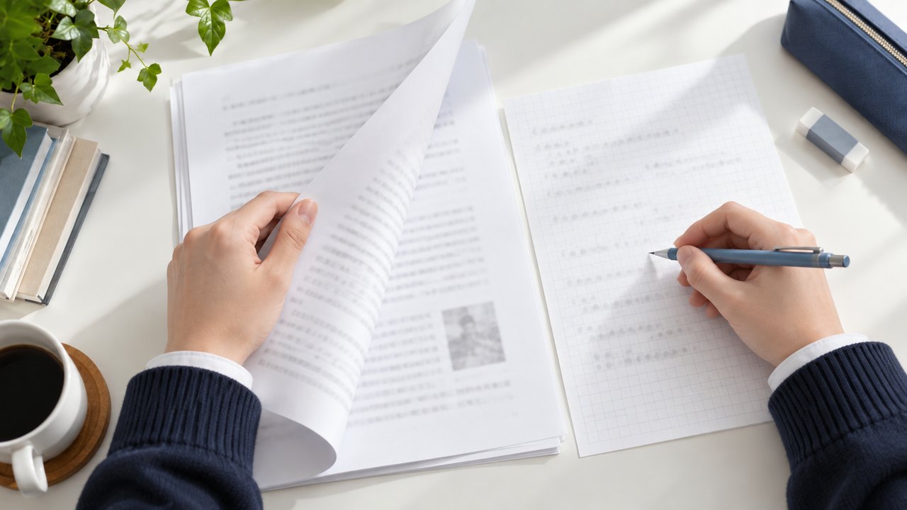 資料を読みながら短いメモを取る受験生の手元(生成イメージ)