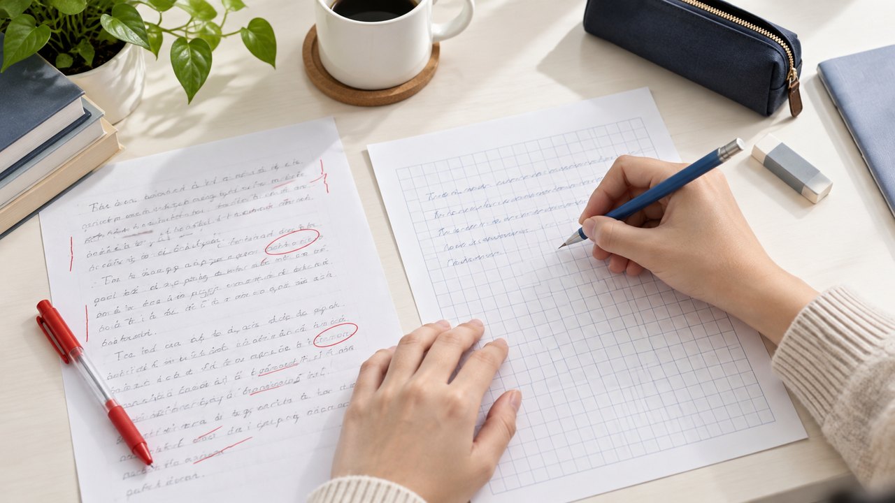 添削を受けた答案を見返し、自分で書き直す学習風景(生成イメージ)