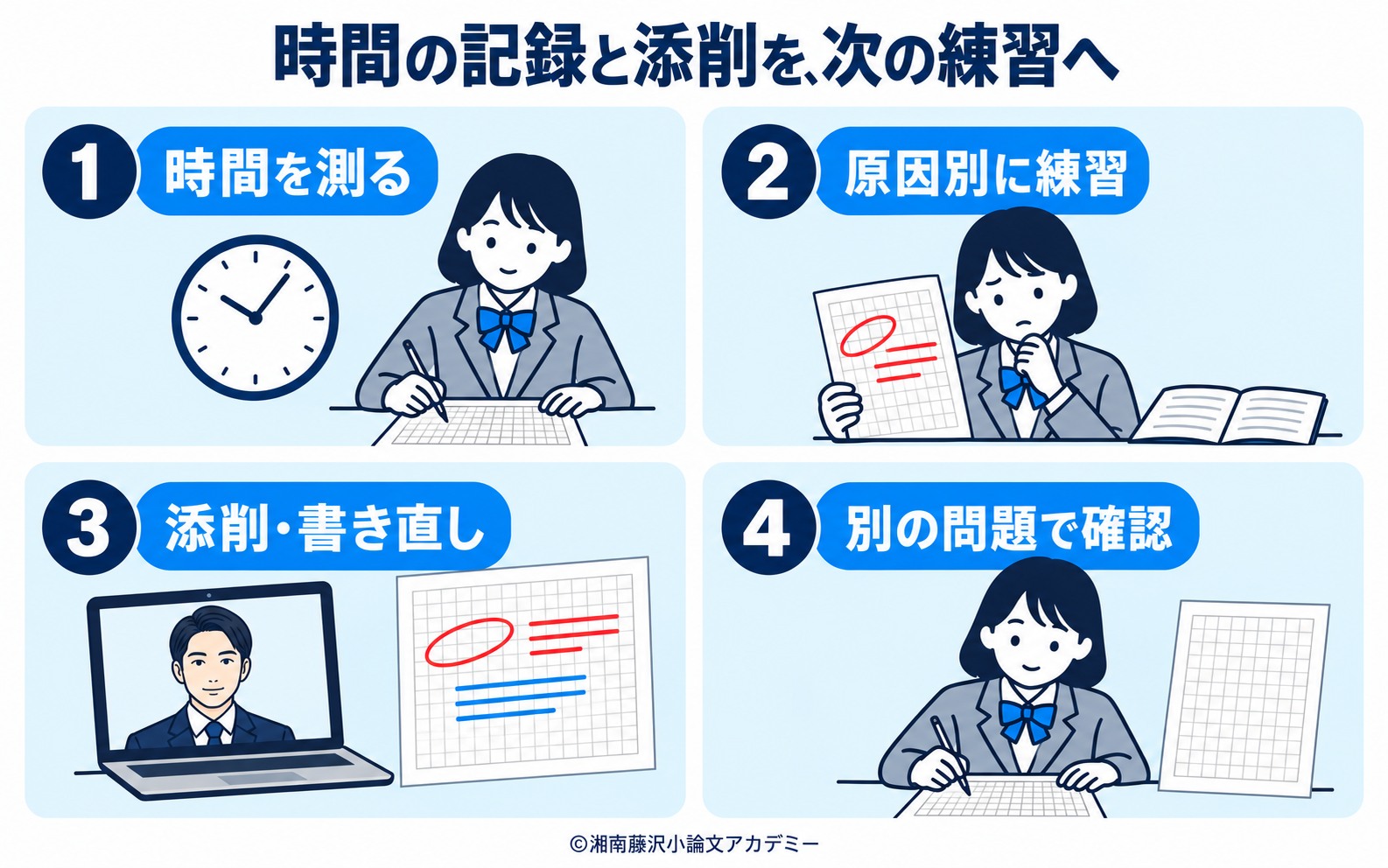 時間を測る・原因別に練習・添削と書き直し・別問題での確認という四つの学習手順