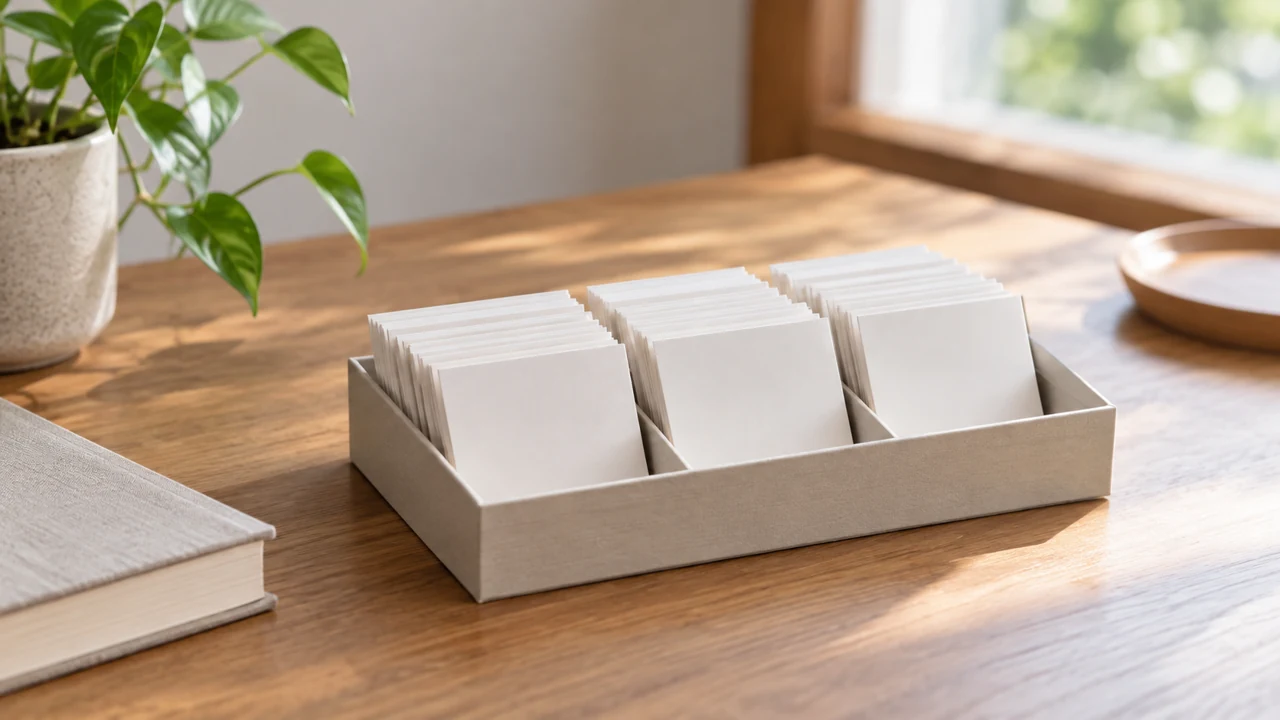 無地のカードを間隔を空けて小箱に並べた静物